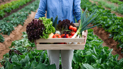 A Person Standing in a Lush Green Garden Holding a Wooden Crate Filled with Freshly Harvested Vegetables Like Tomatoes, Lettuce, and Green Onions, Surrounded by Rows of Vibrant Plants
