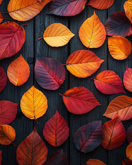 Obraz premium Colorful autumn leaves arranged on dark wooden surface create warm atmosphere