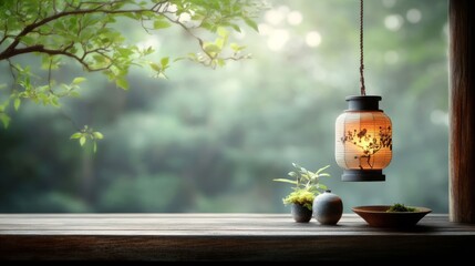 Close-up of a glowing Japanese lantern hanging near a traditional wooden porch in a tranquil garden with autumn foliage.
