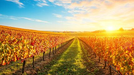 Naklejka premium Vibrant autumn vineyard with rows of vines and rich foliage colors of orange and red