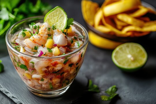 Tigre milk a Peruvian dish from Ecuador features a raw fish ceviche cocktail with lime aji limon and cilantro along with shrimp and plantain chips