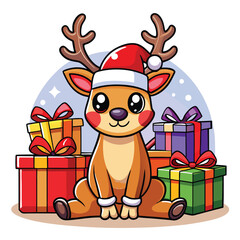 Adorable Christmas Reindeer with Santa Hat and Gifts - Festive Holiday Design