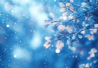Beautiful Frosted Branches in a Winter Wonderland with Soft Snowfall and a Dreamy Blue Background Creating a Serene and Tranquil Atmosphere