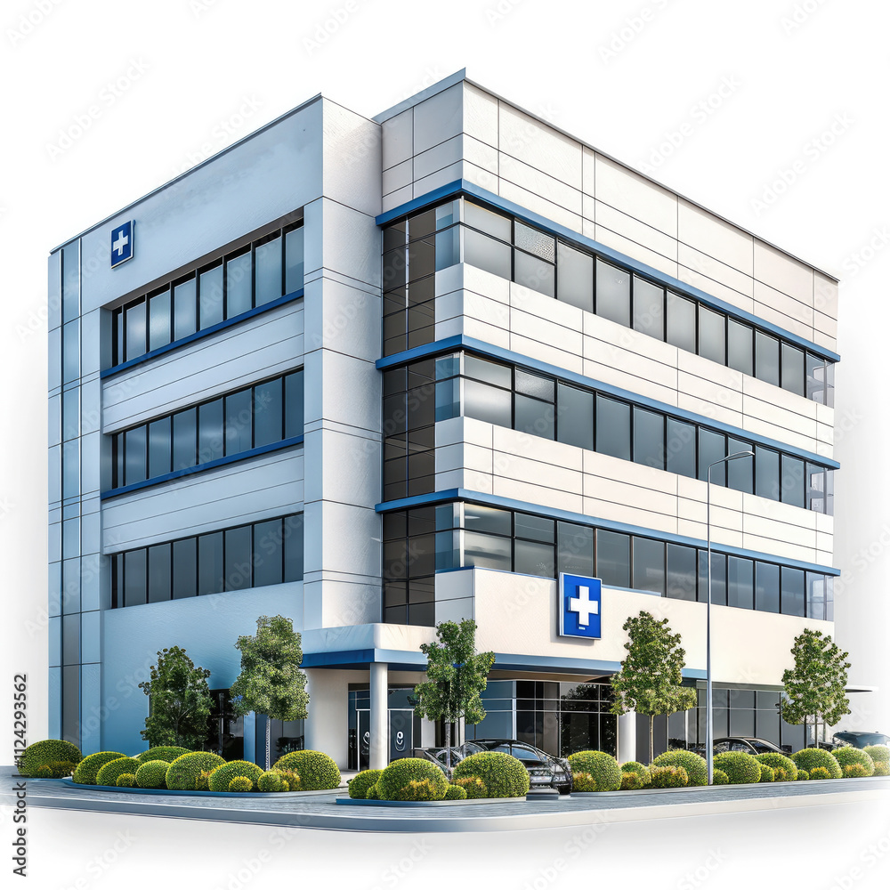 Poster a hospital building in a high-definition 3d rendering with bright lighting, isolated in a white back