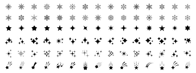 Stars icon collection. Different star shapes. Snowflakes set. Snowflake icons collection. Snow Icons. Sparkle star icon set. Vector illustration