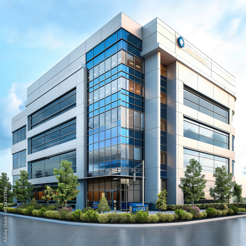 Poster a hospital building in a high-definition 3d rendering with bright lighting, isolated in a white back