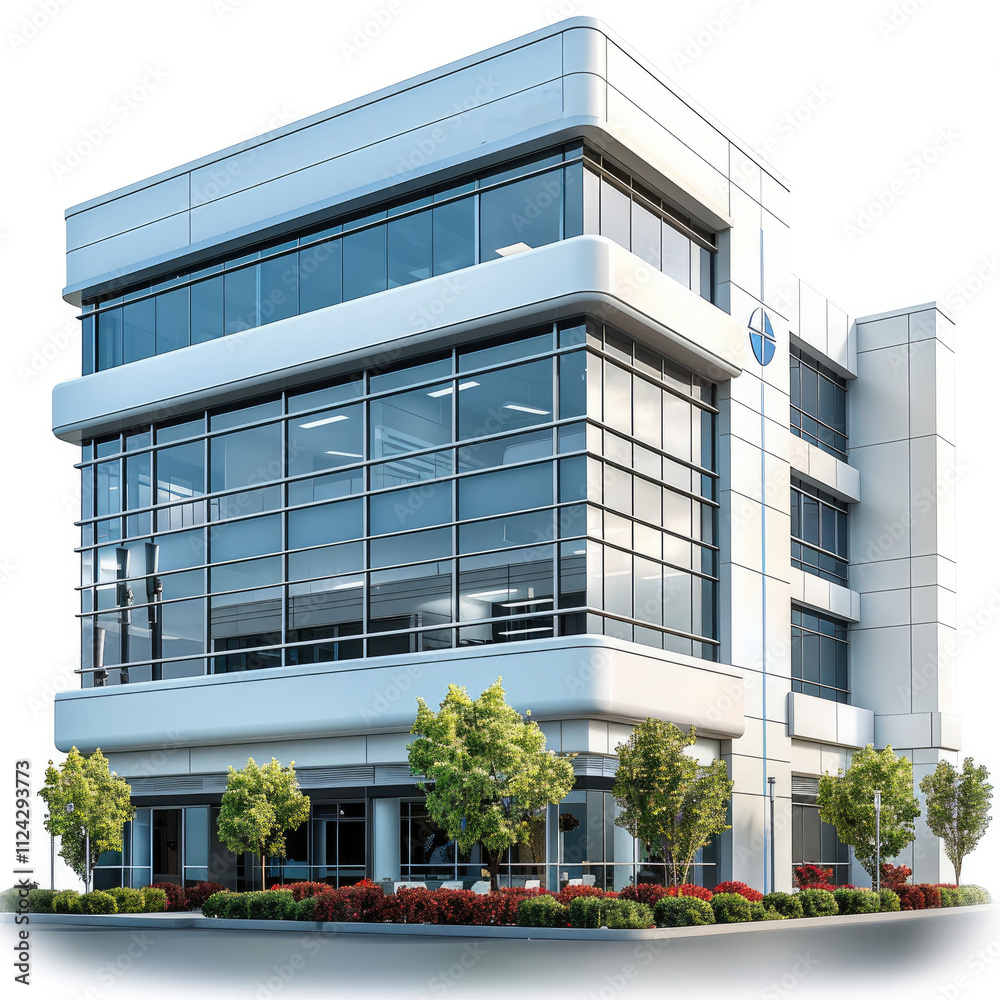 Poster a hospital building in a high-definition 3d rendering with bright lighting, isolated in a white back