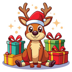 Adorable Christmas Reindeer with Santa Hat and Gifts - Festive Holiday Design