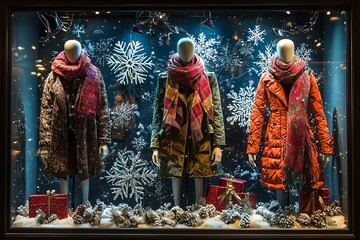 Winter sports theme with mannequins in ski and snowboard gear. Snowy slopes and twinkling lights add excitement