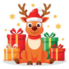 Adorable Christmas Reindeer with Santa Hat and Gifts - Festive Holiday Design"