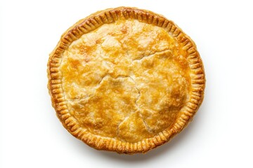 Top view of an entire chicken pie on a white background