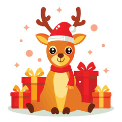 Adorable Christmas Reindeer with Santa Hat and Gifts - Festive Holiday Design