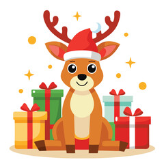 Adorable Christmas Reindeer with Santa Hat and Gifts - Festive Holiday Design"