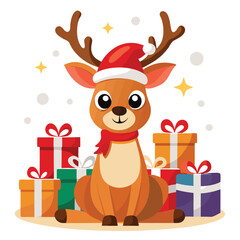 Adorable Christmas Reindeer with Santa Hat and Gifts - Festive Holiday Design