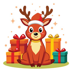 Adorable Christmas Reindeer with Santa Hat and Gifts - Festive Holiday Design