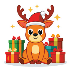 Adorable Christmas Reindeer with Santa Hat and Gifts - Festive Holiday Design
