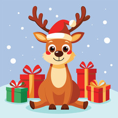 Adorable Christmas Reindeer with Santa Hat and Gifts - Festive Holiday Design"