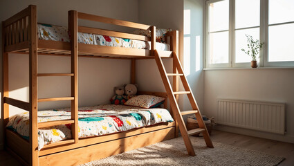 A cozy, morning atmosphere in a children's bedroom with a wooden bunk bed. The room is bright with soft sunlight streaming in through a window, casting gentle shadows on the floor. 