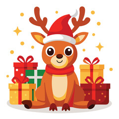 Adorable Christmas Reindeer with Santa Hat and Gifts - Festive Holiday Design