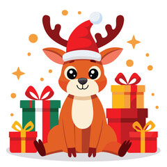 Adorable Christmas Reindeer with Santa Hat and Gifts - Festive Holiday Design