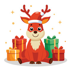 Adorable Christmas Reindeer with Santa Hat and Gifts - Festive Holiday Design