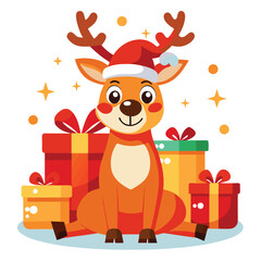 Adorable Christmas Reindeer with Santa Hat and Gifts - Festive Holiday Design"