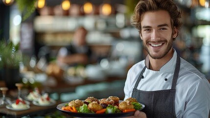Obraz premium A young male waiter, smiling confidently while holding a tray of appetizers in a modern bistro.