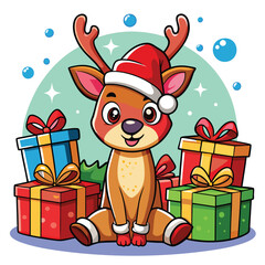 Adorable Christmas Reindeer with Santa Hat and Gifts - Festive Holiday Design"