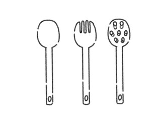 【線画】キッチンツール＿スプーン、フォーク、パスタトング