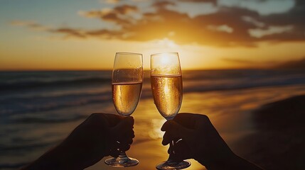 Couple clinking glasses of sparkling wine on a beach at sunset symbolizing the start of a new chapter together