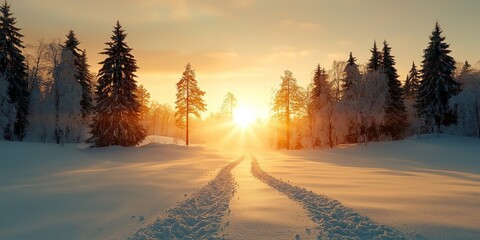 A snow-covered forest at dawn, golden sunlight streaming through the trees