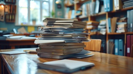 A teacher desk with a pile of stacked homework assignments, showing the everyday routine of academic work in a school setting.