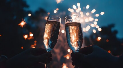 A pair of champagne flutes held high in celebration with fireworks in the background