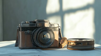 Side angle of a vintage camera with film reels and blank space to the right.