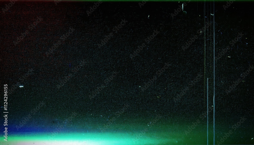 Poster abstract grainy film texture with gradient of deep green to black, featuring subtle scratches and li