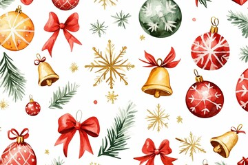 A seamless watercolor pattern showcasing festive Christmas decorations such as ornaments