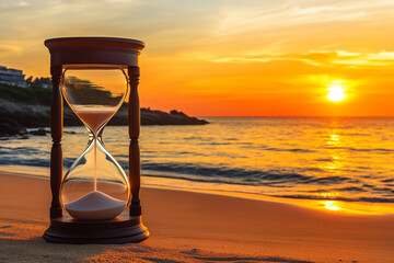 A Beautiful Sunset with an Hourglass on the Beach, Measuring Time as the Waves Gently Lapping Along...