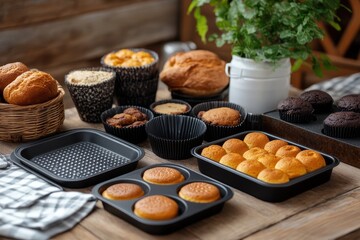 Various baking pans and molds for cakes bread and muffins