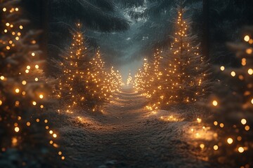 Magical forest with christmas trees and glowing lights