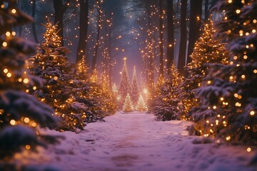 Magical forest with christmas trees and glowing lights
