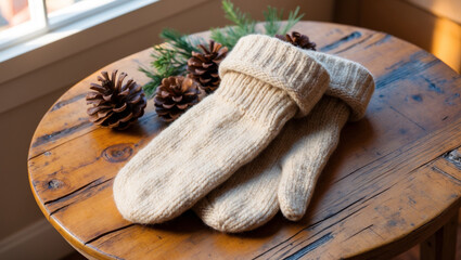 A pair of wool mittens in soft beige, with a subtle knitted pattern, lying neatly on a rustic wooden table with scattered pinecones, a sprig of evergreen, and a warm glow from sunlight.