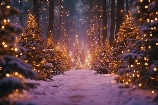 Magical forest with christmas trees and glowing lights