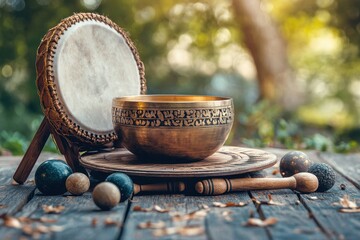 Vintage toned wooden backdrop with singing bowl magical spheres and drum set