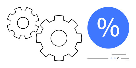 Two connected gear wheels and a blue circle with a percentage symbol. Ideal for business strategy, financial growth, process automation, data analysis, performance metrics, discount calculations
