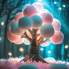 파스텔 색상의 솜사탕으로 만든 거대한 나무 장식 데코레이션, 다채로운 배경, 포스터, 배너에 사용할 수 있는 공간. 03