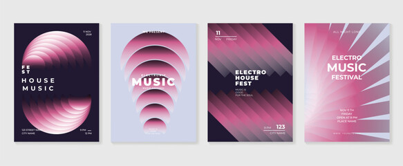 Music poster design background vector set. Electro Sound Cover template with vibrant abstract gradient geometric shape and line wave. Ideal design for social media, flyer, party, music festival, club.