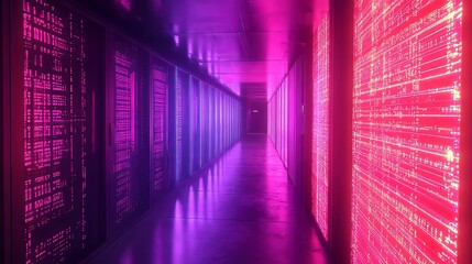 Fototapeta premium Neon Lit Server Room Corridor Displays Data Streams