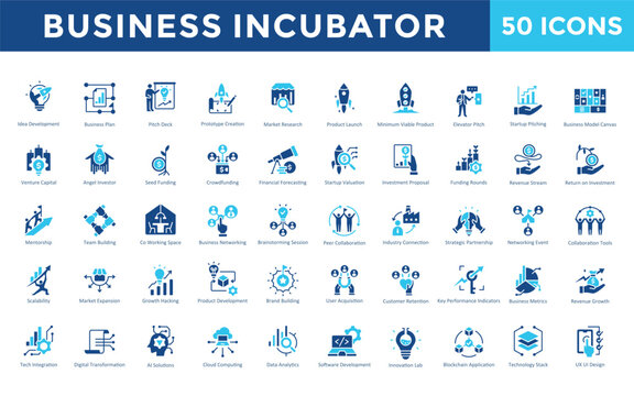 Business Incubator icons set with idea development, business plan, pitch deck, prototype creation, market research, product launch, minimum viable product, elevator pitch icon. Simple flat vector 
