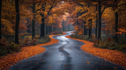 A winding road through vibrant autumn foliage and fallen leaves.