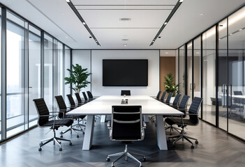 A modern and minimalist conference room with a large white table, black chairs, and glass walls.